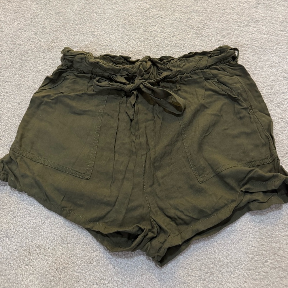 Garage Olive High-Waist Paperbag Shorts with Drawstring